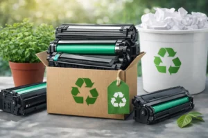 Eco-friendly recycling of laser toner cartridges showing reusable toner cartridges and sustainable printing practices