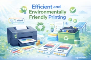 Illustration of eco-friendly printing practices, including efficient printer settings, cartridge recycling, and reduced paper waste.