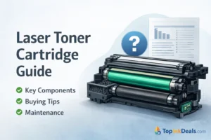 Featured image showing a laser toner cartridge illustration for a laser toner cartridge guide by TopInkDeals.com