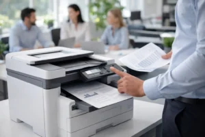 Office printing scenario showing a laser printer producing professional documents using a laser toner cartridge