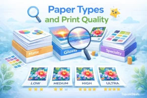 Illustration showing different paper types such as matte, glossy, and specialty paper and how they affect print quality.