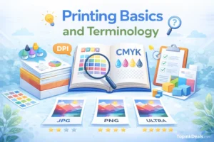 Illustration explaining basic printing terminology, including DPI, CMYK color model, and common file formats used in printing.