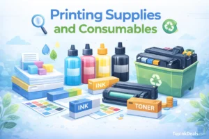 Illustration of printing supplies including ink bottles, toner cartridges, paper stacks, and recycled printer consumables.