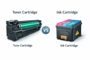 Comparison image showing a laser toner cartridge versus an ink cartridge