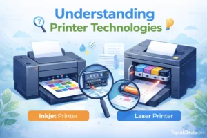 Illustration comparing inkjet and laser printer technologies, showing how each printer type works and what supplies they use.